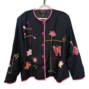 Alex Kim Embroidered Butterfly Jacket Black Pink Floral Artsy Boho 2X
